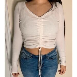 Hollister Ribbed Cinched Long Sleeve Fitted Top Cream Women’s Size Medium